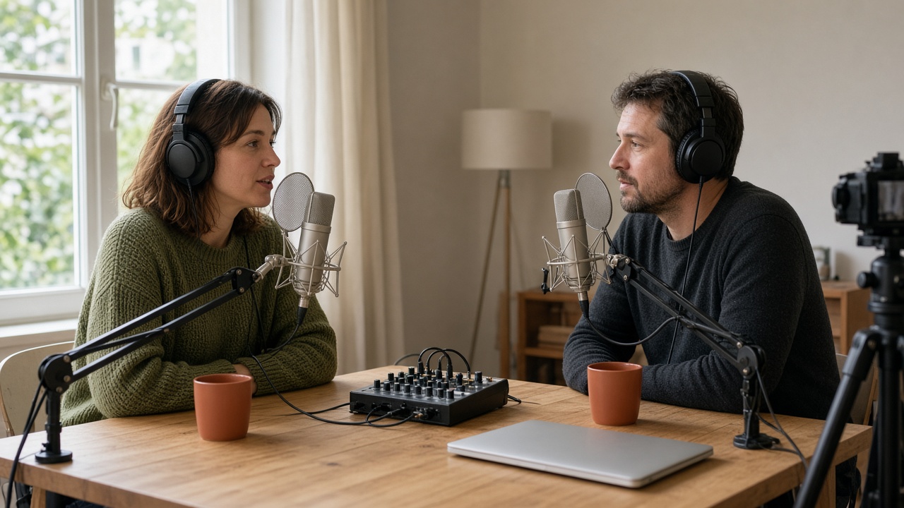 Zwei Personen am Tisch, Podcast-Aufnahme